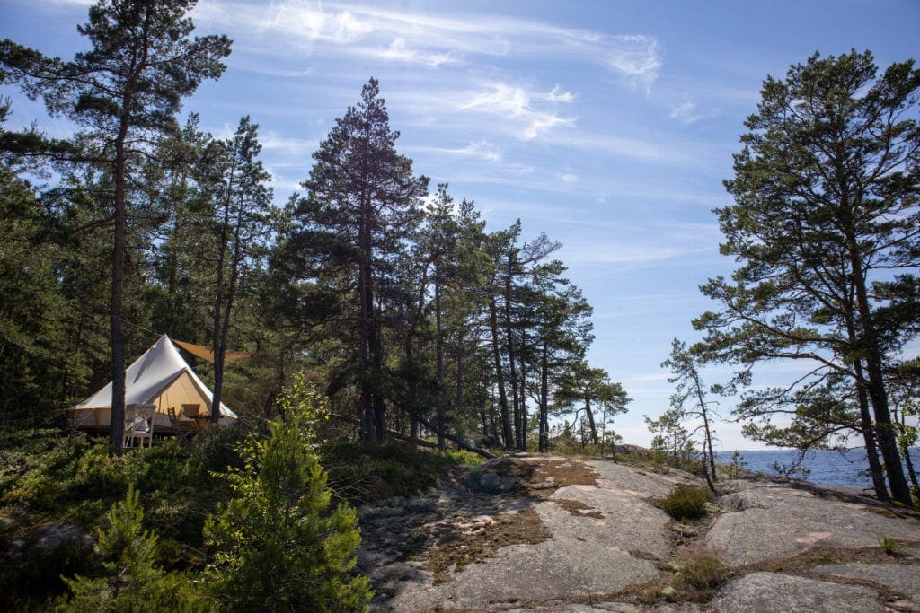 vy över skog och tält